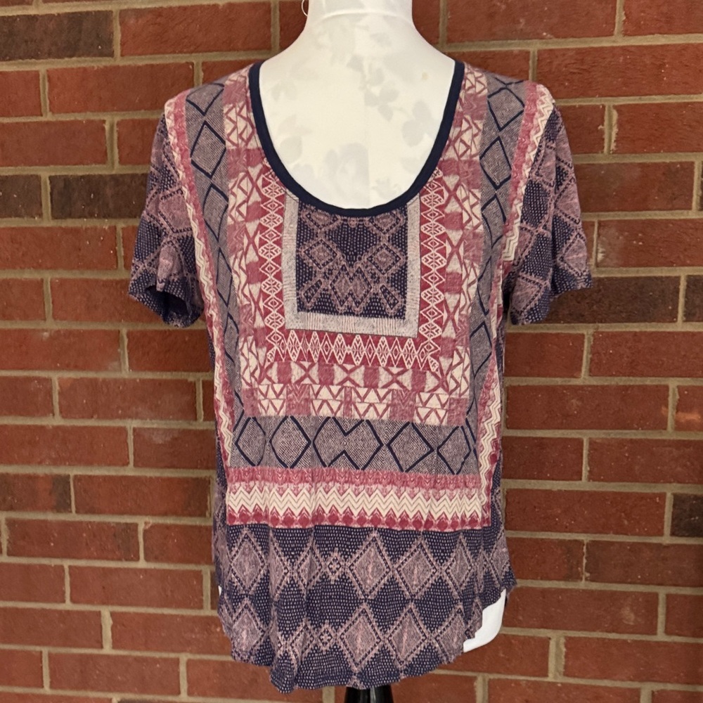 Lucky Brand Aztec Print Short Sleeve Tee- Pink, Red, Cream & Blue Tee